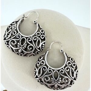 Silver Tone Filigree Scroll Openwork Hoop Earrings Bohemian Ornate Crescent